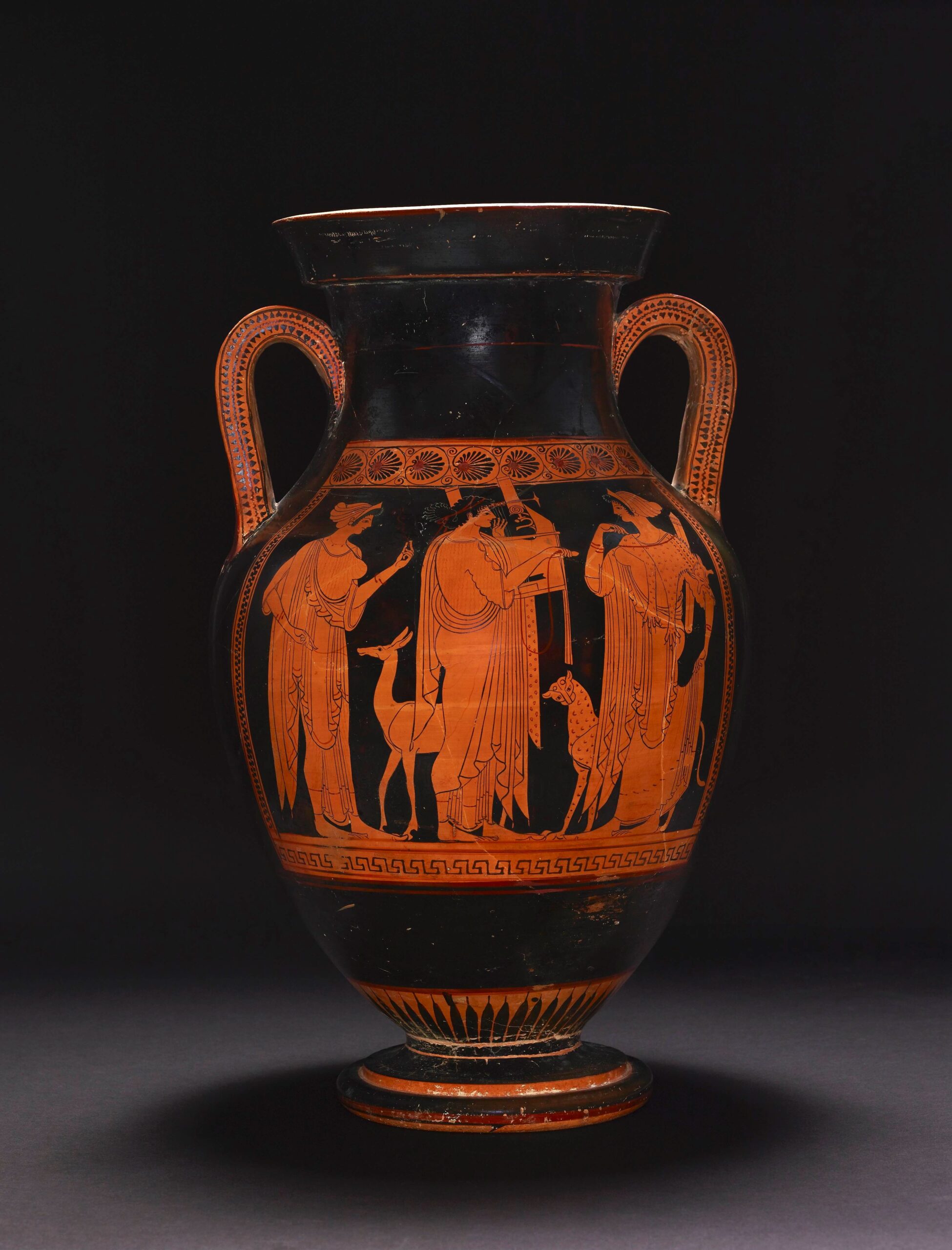 Greek vase with painted images of Apollo, Artemis, and Leto