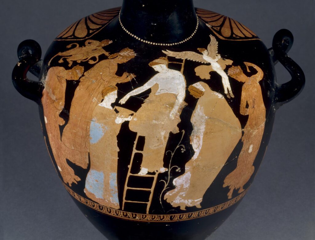 vase painted with Greek women bowing, receiving, etc.